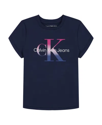 Calvin Klein Kids' Big Girls Ombre Print Monogram T-shirt In Blue