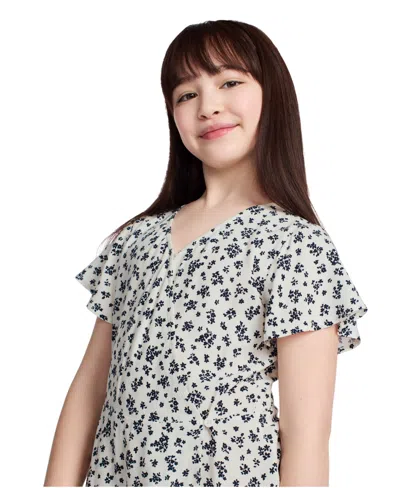 Calvin Klein Kids' Big Girls Scratchy Floral Wrap Short Sleeve Dress In Egret