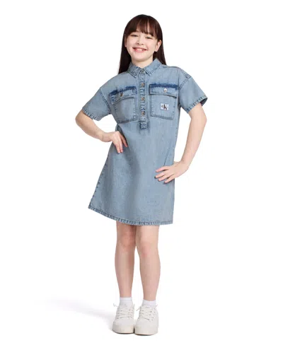Calvin Klein Kids' Big Girls Short Sleeve Patch Pocket Denim Shirt Dress In Sky