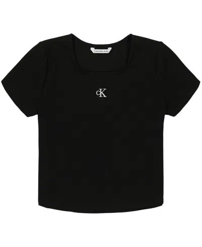 Calvin Klein Big Girls Short Sleeves Square Neck Ribbed T-shirt In Black
