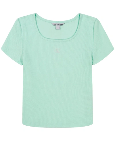 Calvin Klein Kids' Big Girls Short Sleeves Square Neck Ribbed T-shirt In Honeydew