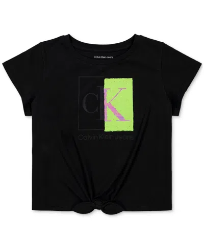 Calvin Klein Kids' Big Girls Split Monogram Sequin Logo Tie-front T-shirt In Black Beau