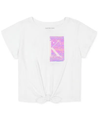 Calvin Klein Kids' Big Girls Split Monogram Sequin Logo Tie-front T-shirt In White