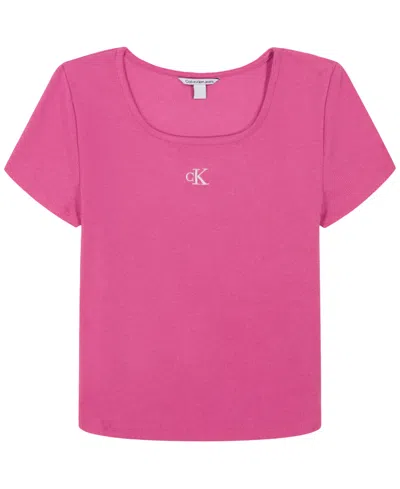 Calvin Klein Kids' Big Girls Square-neck Embroidered-logo Ribbed Baby T-shirt In Fuchsia Fe