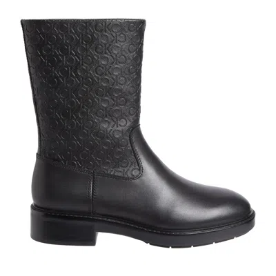 Calvin Klein Black Textured Upper Flat Leather Ankle Boots