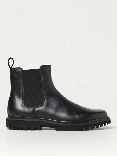 Calvin Klein Logo-debossed Leather Ankle Boots In Schwarz