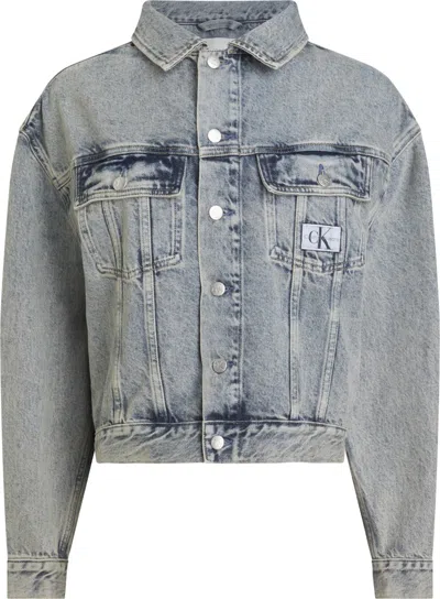 Calvin Klein Boxy Cropped Jacket With Logoed Button Details In Blue