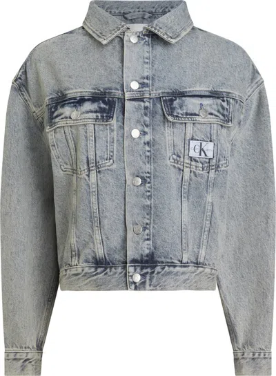 Calvin Klein Boxy Cropped Jacket With Logoed Button Details In Gray