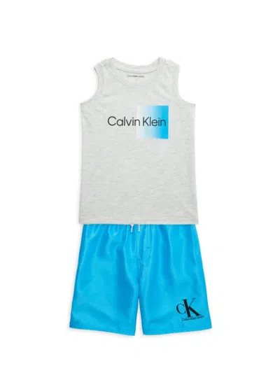 Calvin Klein Kids' Boy's 2-piece Logo Swim Set In Grey Blue