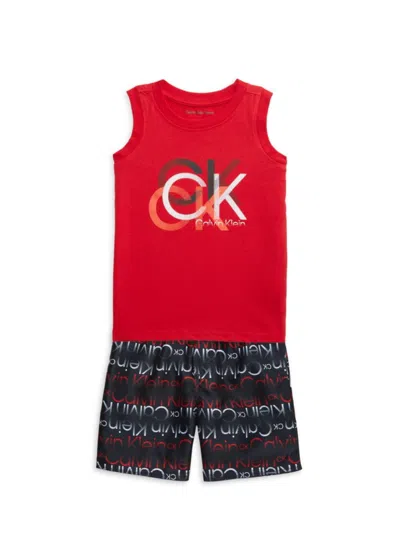 Calvin Klein Kids' Boy's 2-piece Logo Swim Set In Red Multi