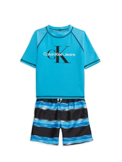 Calvin Klein Kids' Boy's 2-piece Logo Upf 50 Swim Set In Blue Multi