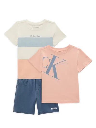 Calvin Klein Kids' Boy's 3-piece Logo Tees & Shorts Set In Pink Multi