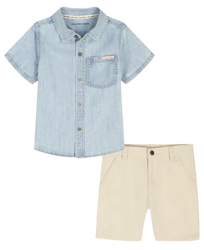 Calvin Klein Babies' Boys' 2t-7 Button-front Shirt And Denim Shorts, 2-piece Set In Blue