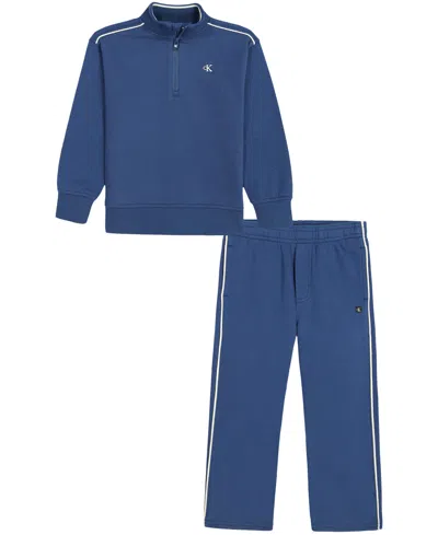 Calvin Klein Kids' Boys' 2t-20 Mock Neck Quarter-zip Long-sleeve Pullover And Pull-on Pants, 2-piece Set In Blue