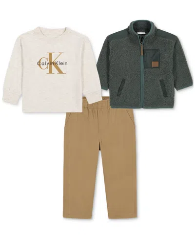 Calvin Klein Kids' Boys' 2t-7 Long-sleeve Zip-up Sherpa Fleece T-shirt, Jacket And Pants, 3-piece Set In Multi