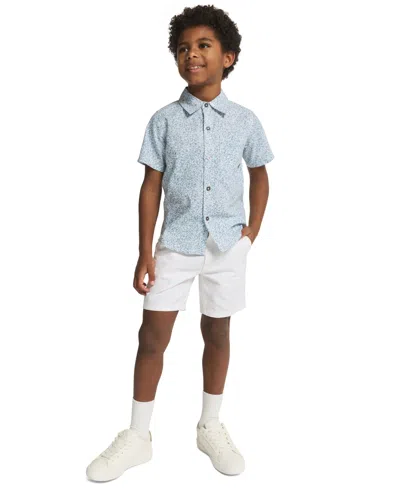 Calvin Klein Kids' Boys' 2t-7 Printed Poplin Button-front Shirt And Twill Shorts, 2-piece Set In White