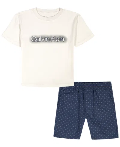 Calvin Klein Kids' Boys' 2t-7 Relaxed Logo T-shirt And Printed Poplin Shorts, 2-piece Set In White