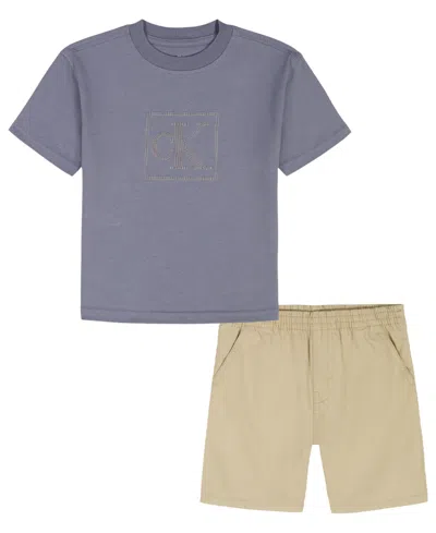 Calvin Klein Kids' Boys' 2t-7 Relaxed Monogram T-shirt And Poplin Shorts, 2-piece Set In Multi