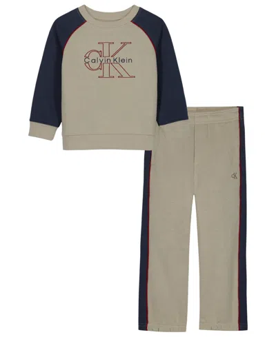 Calvin Klein Kids' Boys' 4-7 Long-sleeve Pull-on Crewneck Sweatshirt And Joggers, 2-piece Set In Neutral