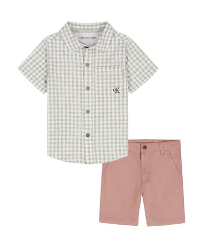 Calvin Klein Kids' Boys' Toddler 2t-4t Plaid Short-sleeve Shirt And Twill Shorts, 2-piece Set In Multi