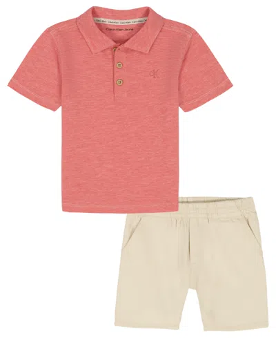 Calvin Klein Babies' Boys' Toddler 2t-4t Slub Pique Polo Shirt And Denim Shorts, 2-piece Set In Multi