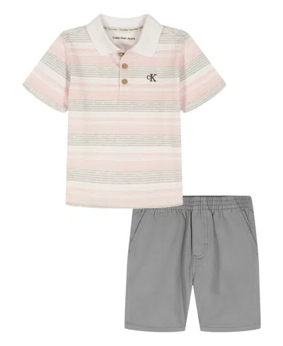 Calvin Klein Babies' Boys' Toddler 2t-4t Striped Polo Shirt And Twill Shorts, 2-piece Set In Multi