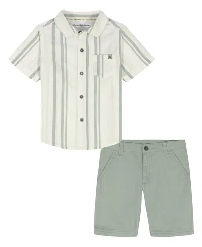 Calvin Klein Kids' Boys' Toddler 2t-4t Striped Short-sleeve Shirt And Twill Shorts, 2-piece Set In Multi