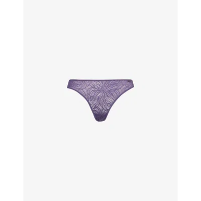 Calvin Klein Womens Purple Plumeria Brand-tab Mid-rise Stretch-recycled Nylon Lace Thong