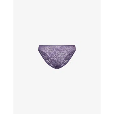 Calvin Klein Womens Purple Plumeria Brand-tab Mid-rise Stretch-recycled Nylon Lace Briefs