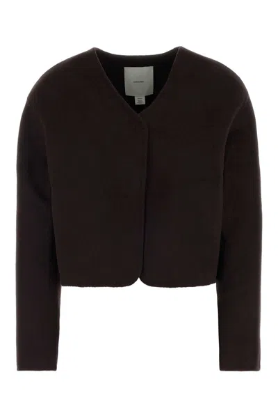 Calvin Klein Wool Blend Cropped Blazer Long Sleeves In Brown