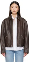 Calvin Klein Brown Biker Distressed Leather Jacket In Brown
