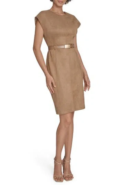 Calvin Klein Cap Sleeve Belted Faux Suede Sheath Dress In Brown