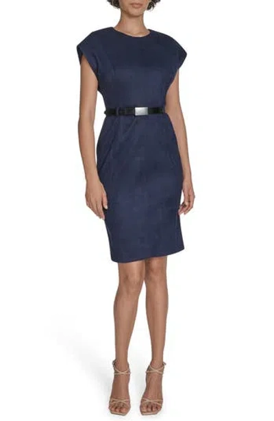 Calvin Klein Cap Sleeve Belted Faux Suede Sheath Dress In Purple