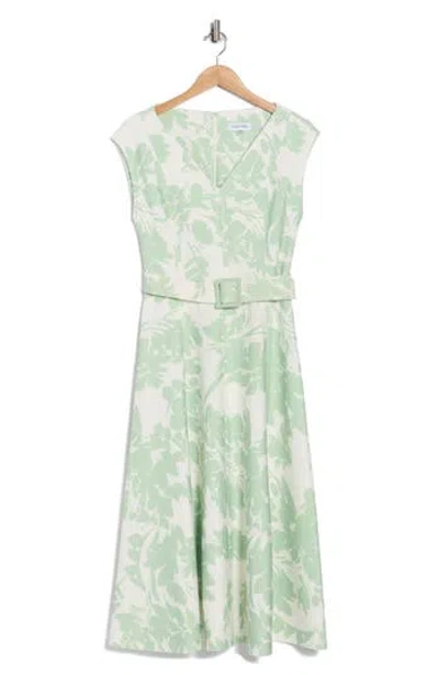 Calvin Klein Cap Sleeve Belted Midi Dress In Gray