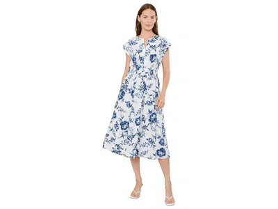 Calvin Klein Cap Sleeve Floral Cotton A-line Midi Women's Dress Cream Multi: 14 In Blue