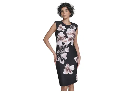 Calvin Klein Cap Sleeve Floral Scuba Sheath In Black