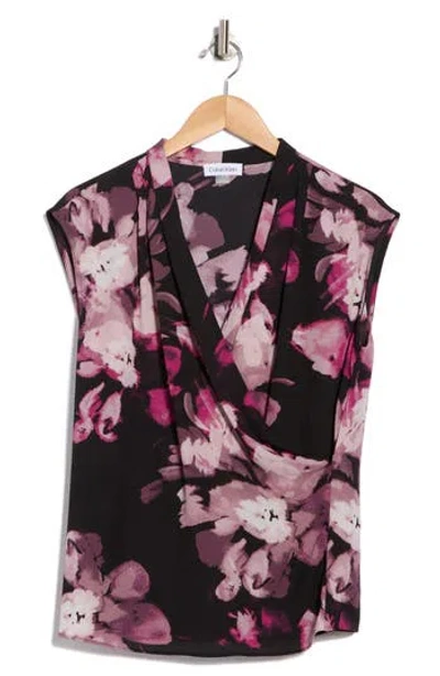 Calvin Klein Cap Sleeve Gathered Charmeuse Top In Multi