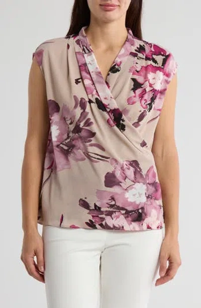 Calvin Klein Cap Sleeve Gathered Charmeuse Top In Oyster Multi