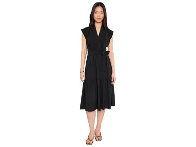 Calvin Klein Cap Sleeve Gauze Self Tie Midi Dress In Black