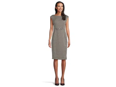 Calvin Klein Cap Sleeve Ponte Belted Sheath In Brown