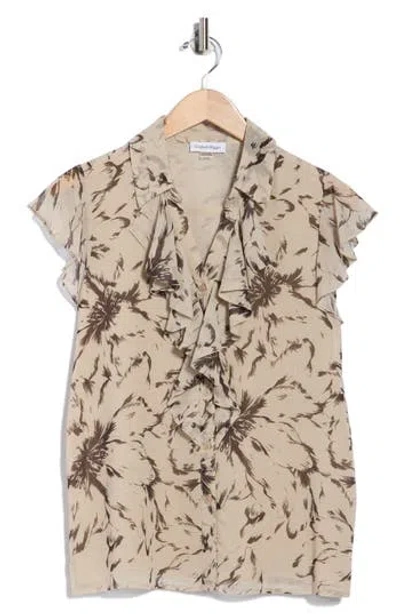 Calvin Klein Cap Sleeve Ruffle Button-up Shirt In Neutral