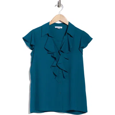 CALVIN KLEIN CALVIN KLEIN CAP SLEEVE RUFFLE FRONT BUTTON-UP SHIRT