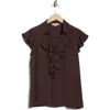 Calvin Klein Cap Sleeve Ruffle Front Button-up Shirt In Brown