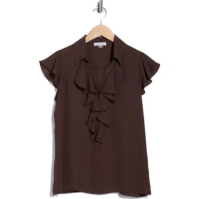 Calvin Klein Cap Sleeve Ruffle Front Button-up Shirt In Brown
