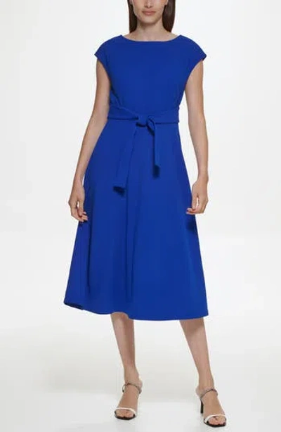 Calvin Klein Cap Sleeve Scuba Crepe Midi Dress In Blue