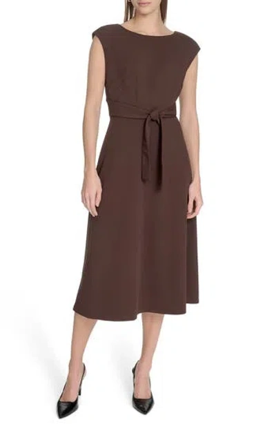 Calvin Klein Cap Sleeve Scuba Crepe Midi Dress In Brown