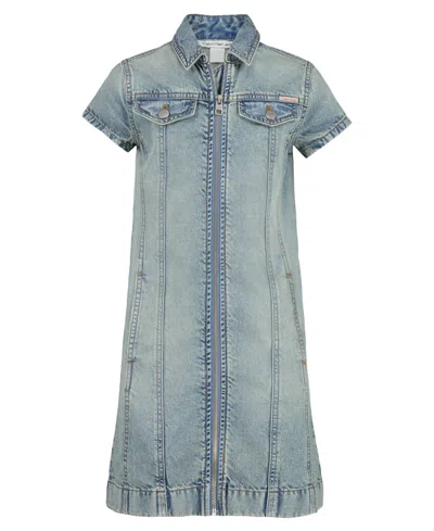 Calvin Klein Kids' Cavin Klein Big Girls Seamed Zip Front Denim Dress In Blue