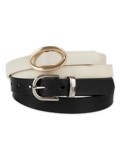 Calvin Klein Center-bar And Metal Loop Buckles 2-pack Skinny Belt Set In Black