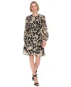 Calvin Klein A-line Dress Womens Black Floral Chiffon Ruched Back Zip Buu423 In Black