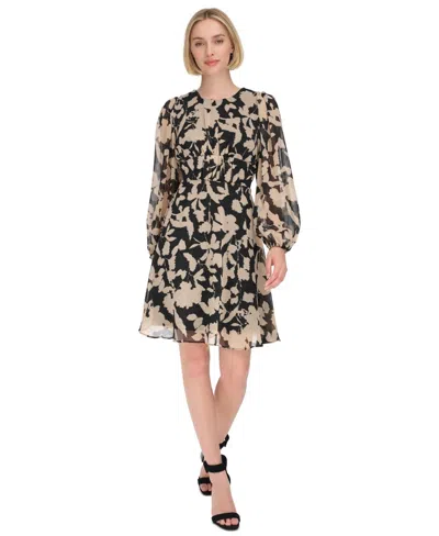 CALVIN KLEIN CHIFFON A-LINE DRESS WOMENS BLACK BEIGE FLORAL LONG SLEEVE BUU347